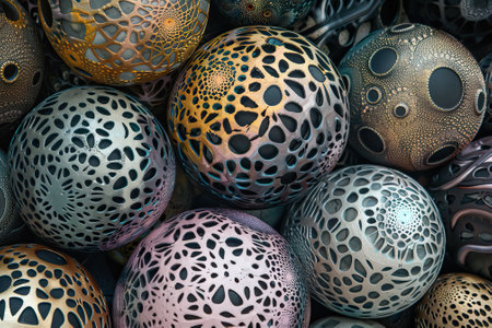 Colorful patterned ceramic spheres with intricate and artistic cutout designsの素材