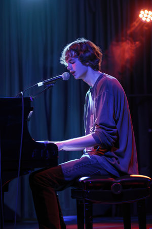 Young man playing piano and singing on stage under dramatic concert lighting.の素材
