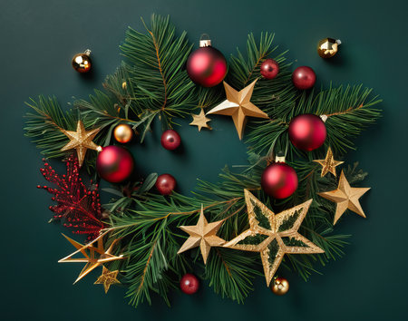 Christmas background with fir branches, red baubles and golden stars, copy spaceの素材