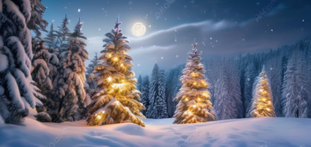 glowing christmas trees snowy forest night, moon, snowfall, concept holidayの素材
