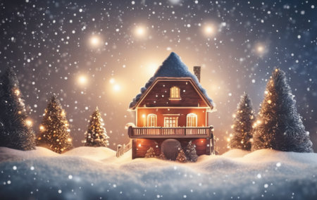 a charming house in a snowy landscape with christmas trees and falling snow, concept christmasの素材