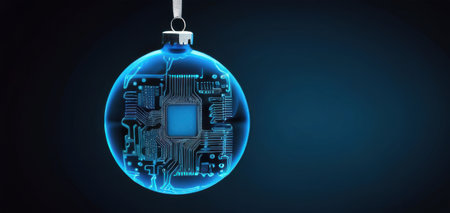 a glowing blue circuit board inside a christmas ornament, tech holiday conceptの素材