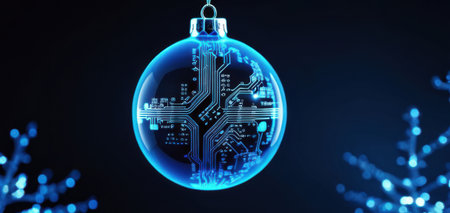 digital christmas ornament with circuit board design concept of modern technology holidayの素材