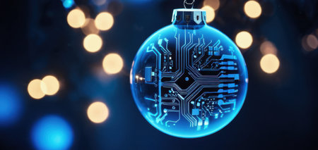 glowing digital christmas ornament with circuit board design, festive tech conceptの素材