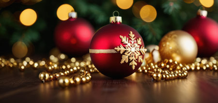 festive christmas ornaments on wood with bokeh lights, concept of holiday season and celebrationの素材