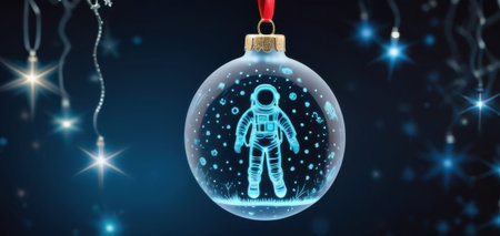 glowing astronaut in clear ornament, blue lights, dark background. concept of christmas.の素材