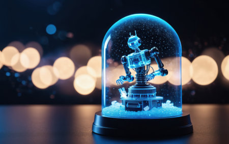 futuristic glowing robot in glass dome with festive bokeh lights concept of christmas techの素材