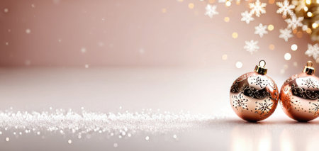 elegant rose gold christmas ornaments with snowflakes on glitter for festive holiday seasonの素材