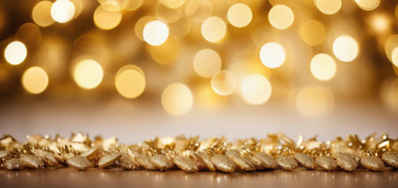 golden glitter bokeh christmas background with empty space for festive designsの素材