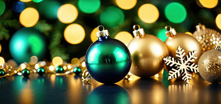 christmas green and gold ornaments on dark reflective surface with bokeh lights, concept of holiday celebration.の素材