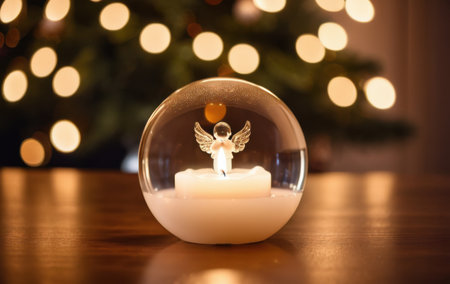 angel candle in glass globe with christmas lights bokeh concept of peace and warmthの素材