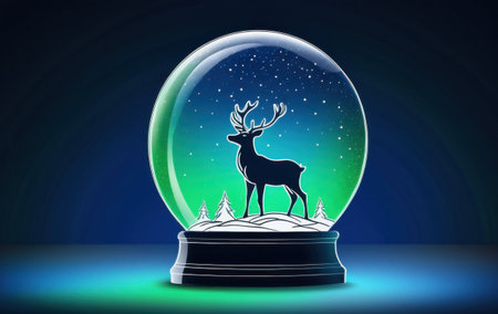 a magical snow globe with a deer silhouette and winter trees, glowing christmas conceptの素材