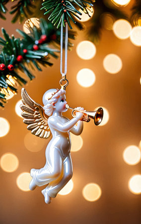 christmas angel ornament playing trumpet on a tree with bokeh lights and copy space.の素材