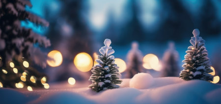 miniature christmas trees in snowy winter landscape with warm bokeh lights conceptの素材