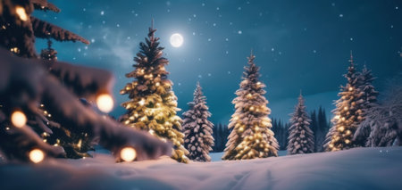 christmas scene with illuminated trees in a snowy forest at night under a moonの素材