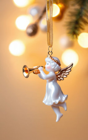 christmas angel ornament playing trumpet on tree with bokeh lights concept of holidayの素材