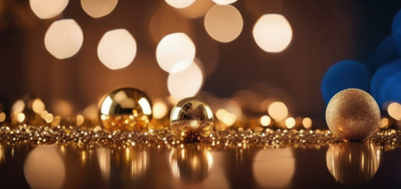 festive golden christmas baubles and glitter with bokeh lights for holiday banners.の素材