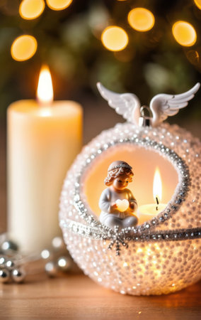 angel figurine in christmas ornament with glowing candles and bokeh lightsの素材