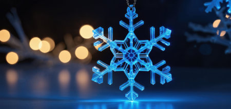 christmas concept, glowing blue snowflake ornament, dark festive background, bokeh, reflective surface, empty space for text.の素材