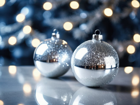 two silver glitter christmas ornaments with bokeh lights, concept of festive season.の素材