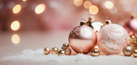 christmas ornaments on snow with bokeh lights. concept of holiday season.の素材