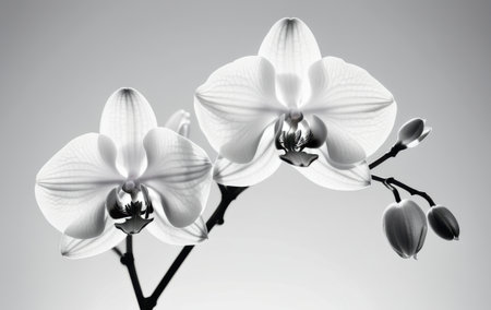 elegant white orchids blooming in monochrome with ample copyspace for textの素材