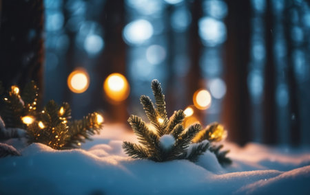 christmas tree branches with lights in snow, bokeh background, concept of holiday,の素材