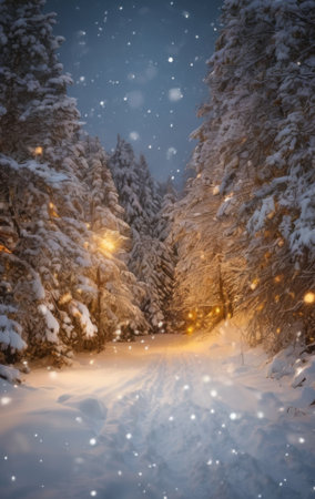path through a snowy forest with warm lights and falling snowの素材
