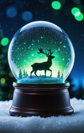 a festive reindeer snow globe with christmas lights bokeh, winter holiday conceptの素材