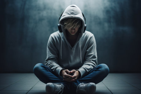 teenager wearing headphones and hoodie sits cross legged on floorの素材