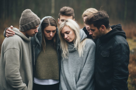young people huddled together outdoors, looking down with serious expressionsの素材