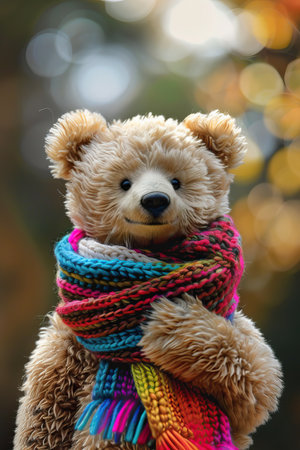a teddy bear wearing a colorful scarf outdoors looking at cameraの素材