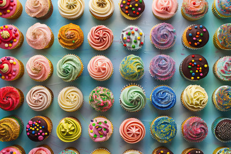 overhead view of assorted cupcakes on a blue backgroundの素材