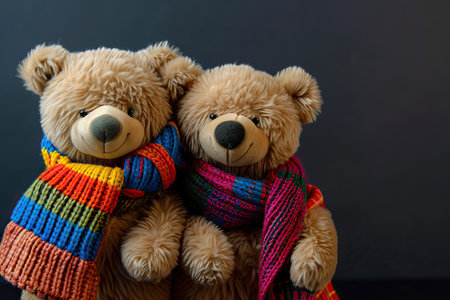 two teddy bears wearing colorful scarves, studio portrait with dark backgroundの素材