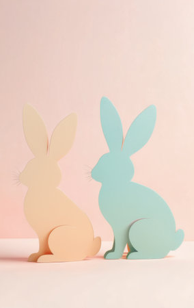 two pastel bunny figures on pink background with empty space concept easter spring decorの素材