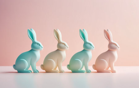 four pastel colored bunny figurines in a row on a soft surface, pastel pink background, empty space for textの素材