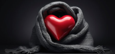 red heart in grey scarf on dark background, concept of love, warmth, care, valentines dayの素材