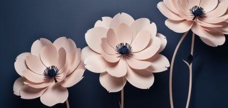 elegant pink paper flowers on dark blue background with copyspace, concept of celebrationの素材
