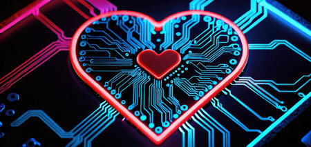 digital heart on circuit board, technology concept, banner spaceの素材