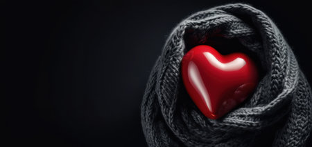 red heart in grey scarf on dark background, concept of love, warmth, care, valentines dayの素材