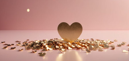 gold hearts confetti scattered on pink background with empty space for textの素材