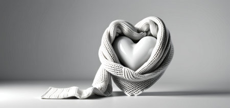 white ceramic heart wrapped in a cozy knitted scarf, concept of love and warmthの素材