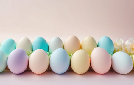 pastel easter eggs arranged in a row on straw with copy space for textの素材