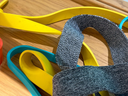 colorful resistance bands for exercise on wooden floor, sport and fitness concept