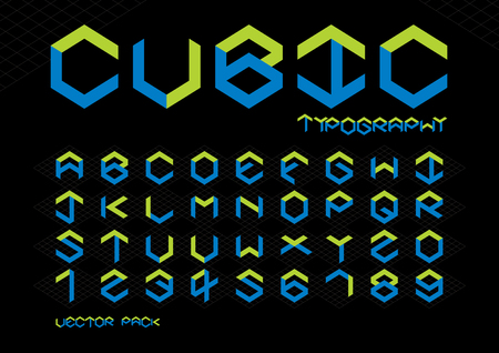 Vector of modern cubical font and alphabetのイラスト素材