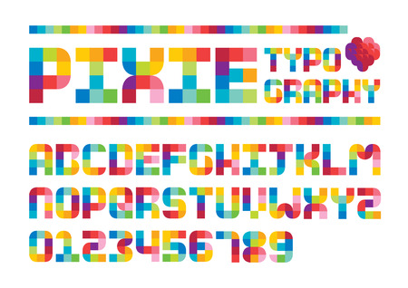 Vector of stylized colorful pixel font and alphabetのイラスト素材