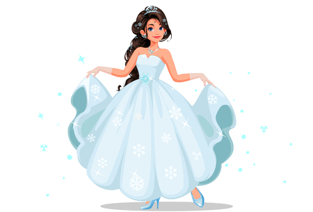 Beautiful cute princess with long braided hairstyle holding her long white dress vector illustration on white backgroundのイラスト素材