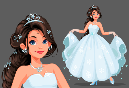 Beautiful cute princess with long braided hairstyle holding her long white dress vector illustrationのイラスト素材