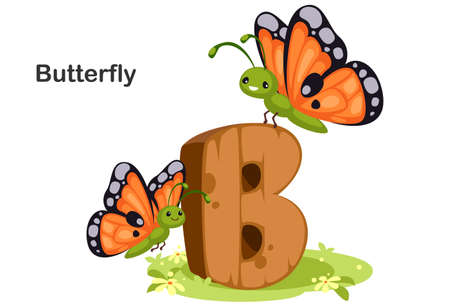 Wooden textured bold font alphabet B, B for Butterflyのイラスト素材