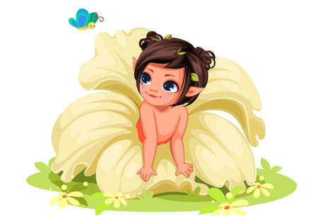 Beautiful little flower girl with butterflyのイラスト素材